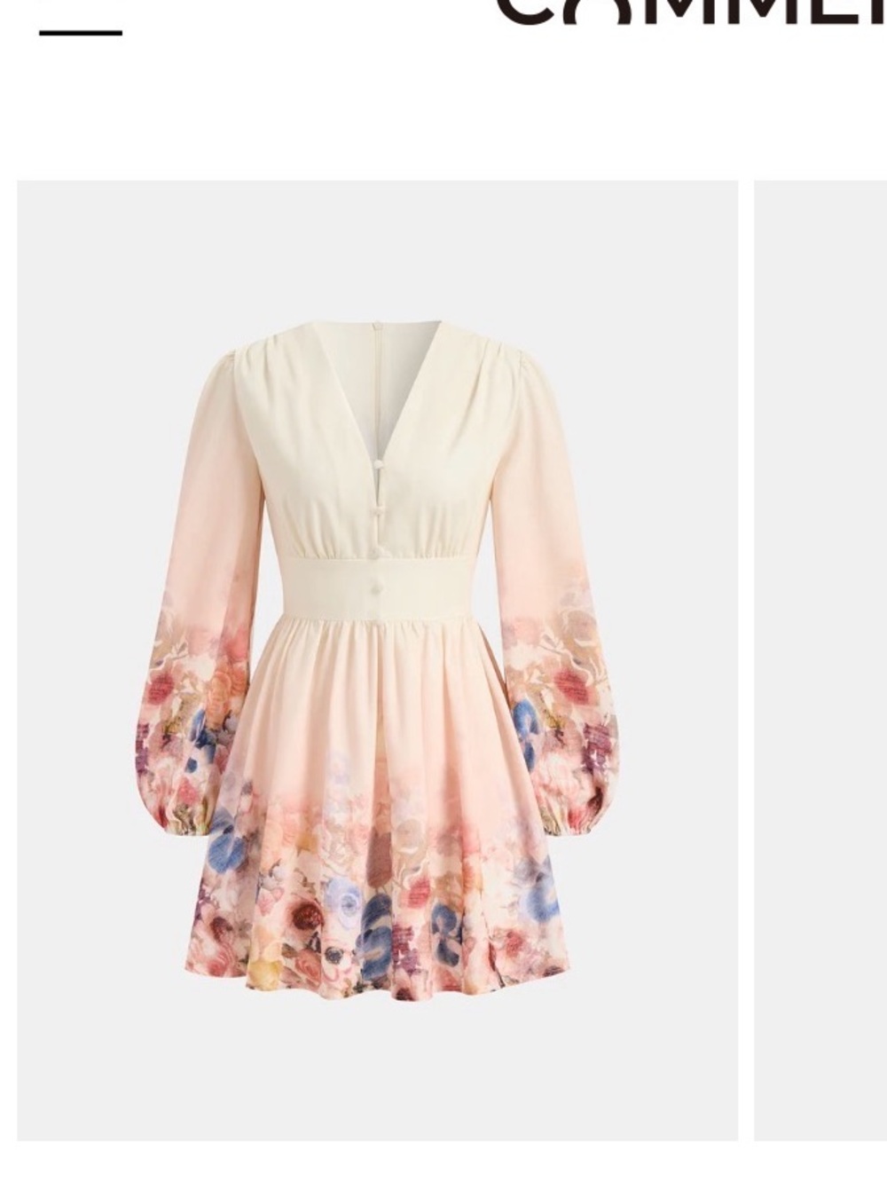 Commense Cream and Pink Floral Ombre V-Neck Mini Dress.   1057